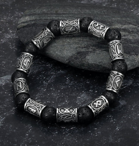 Asgard Crafted Silver Rune And Black Lava Stone Bracelet